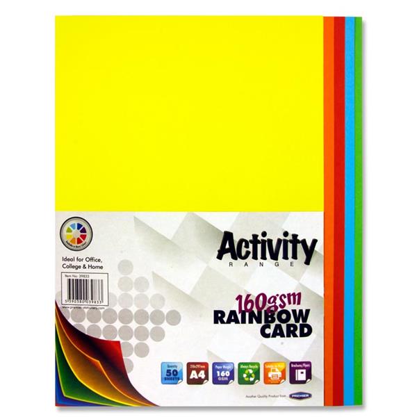 Premier Activity A4 160Gsm Card 50 Sheets - Rainbow